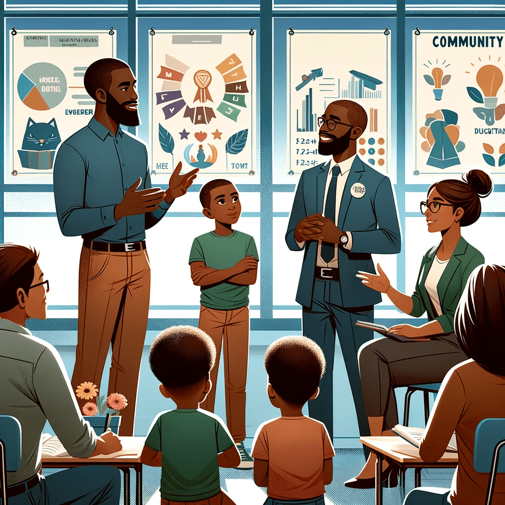 African American teacher discussing educational improvements with parents and community members in a school setting, surrounded by educational posters