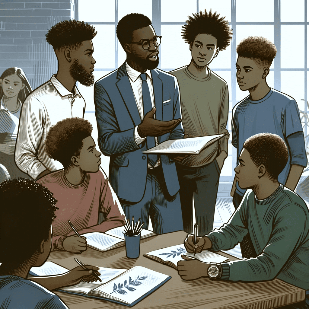 African American mentor working with young people in a community center, engaging in a leadership development program, showing mentorship and guidance