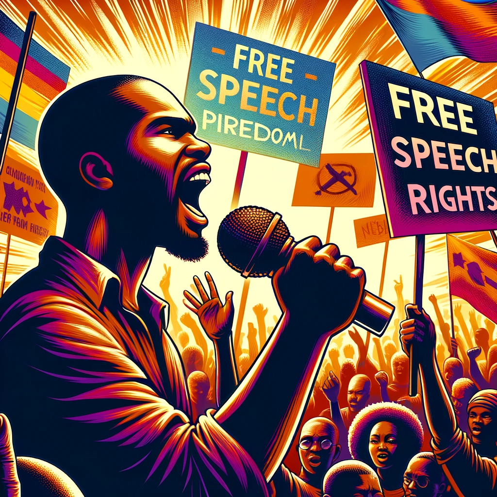 African American individual passionately advocating for freedom and personal rights at a public gathering, with banners supporting free speech and ind