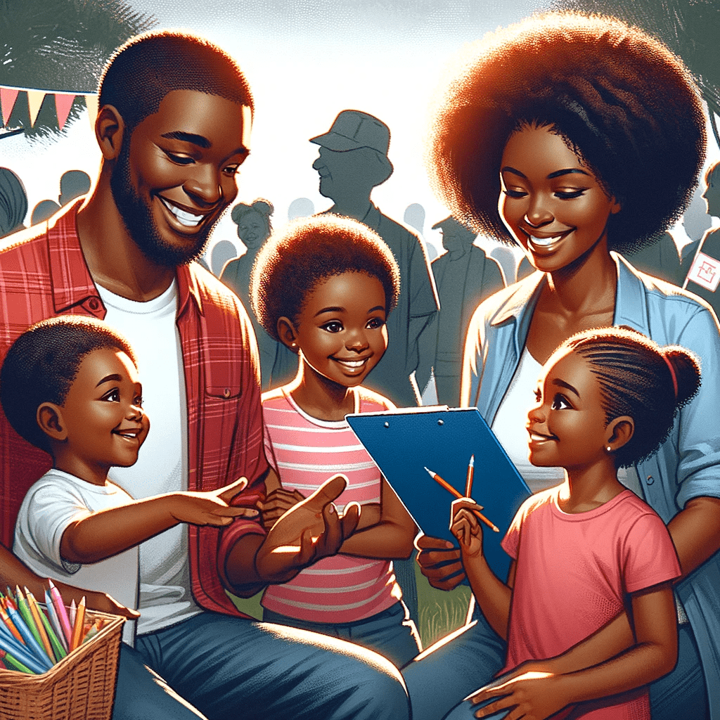 African American family engaging in a community event that promotes family values, showing interaction between parents and children in a nurturing and