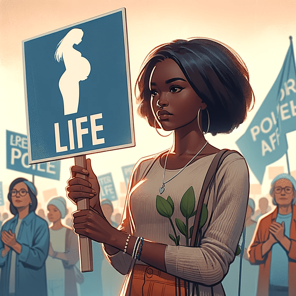 African American individual advocating for pro-life policies at a community event, holding a placard supporting life, in a peaceful and respectful set